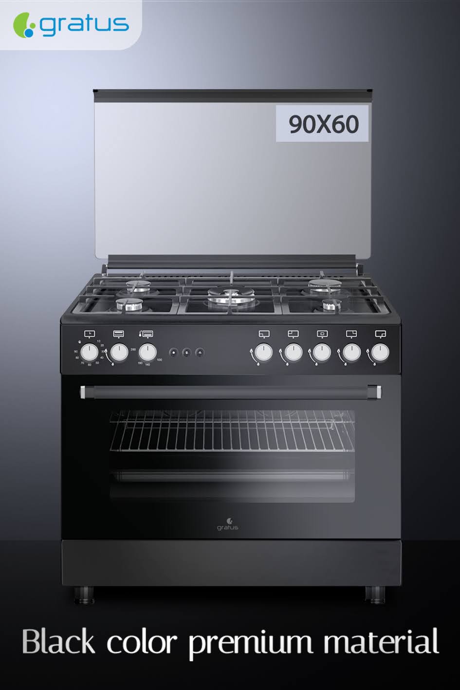 طباخ غاز Gratus أسود 90×60 خمس شعلات أمان كامل (GGR951F1BS1)