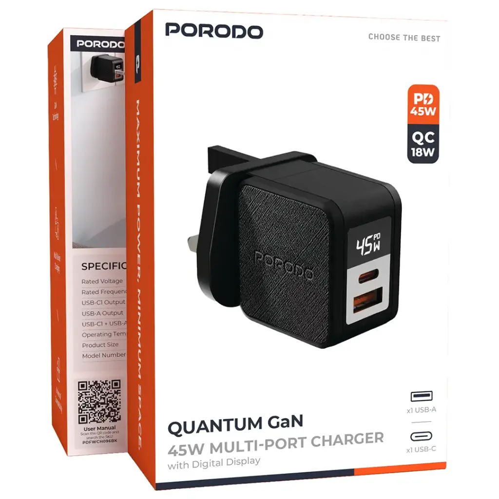 Porodo شاحن Quantum GaN 45W متعدد المنافذ مع شاشة رقمية