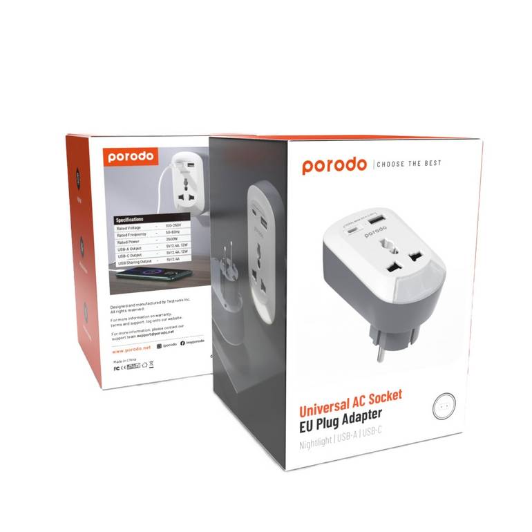 Porodo محول مقبس كهرباء عالمي EU مع إضاءة ليلية USB-A / USB-C