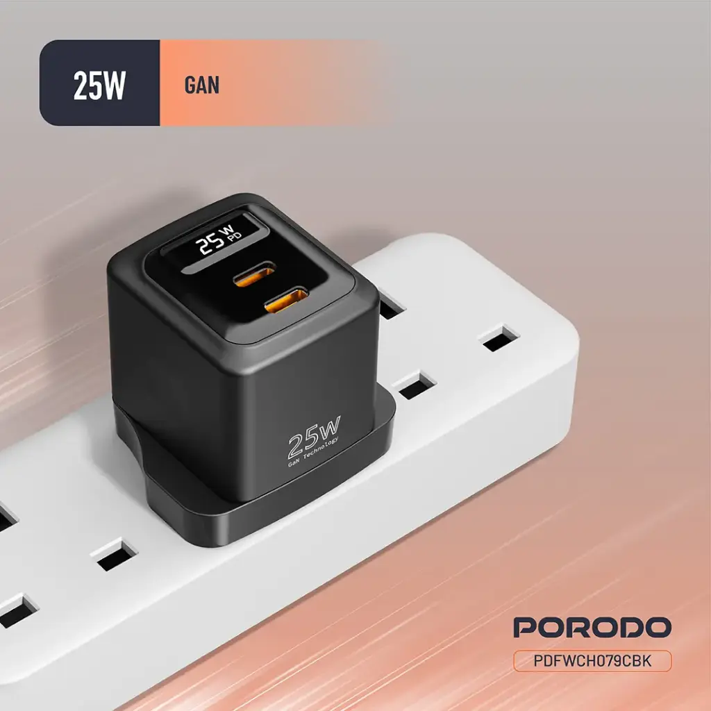 Porodo شاحن GaN بقدرة 25W مزدوج USB-C مع كابل USB-C إلى Lightning