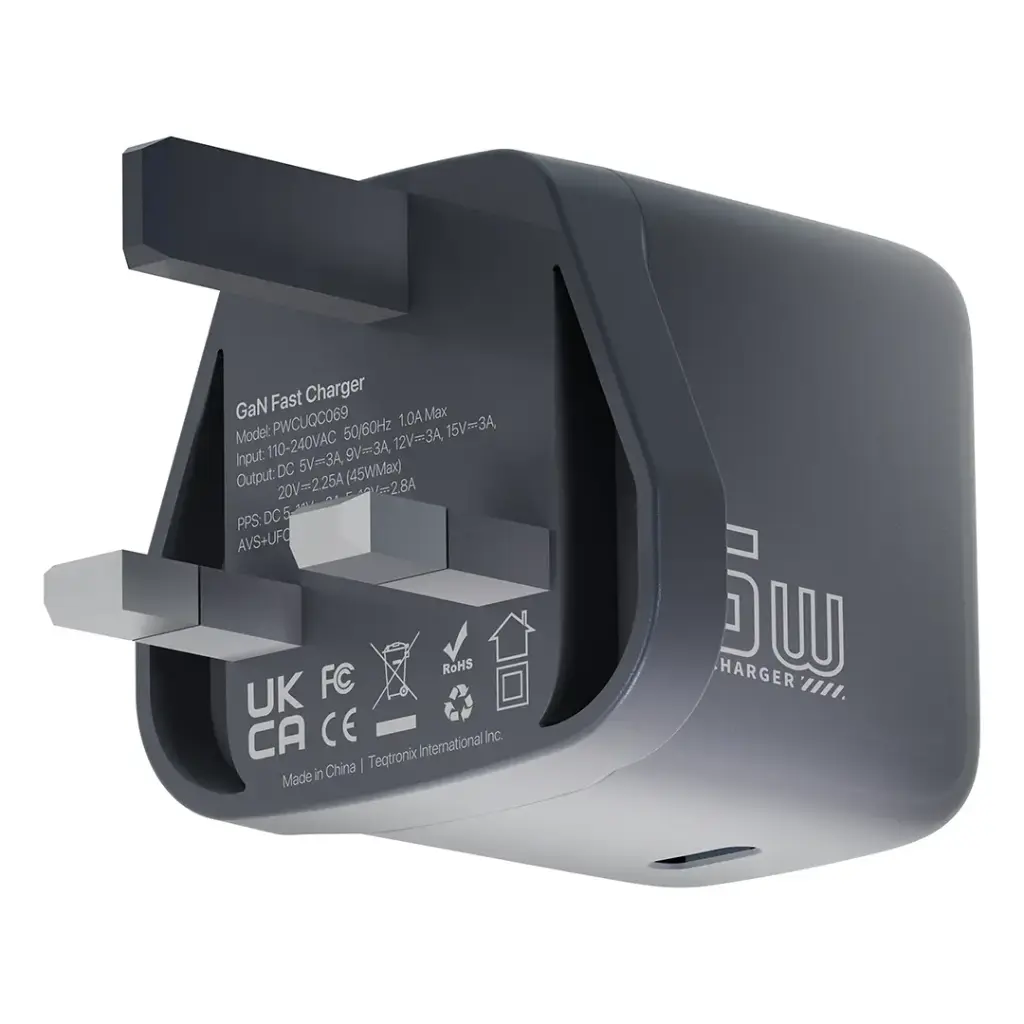 شاحن حائط Powerology VOLTFLOW 45W AVS GaN مع كابل C-C