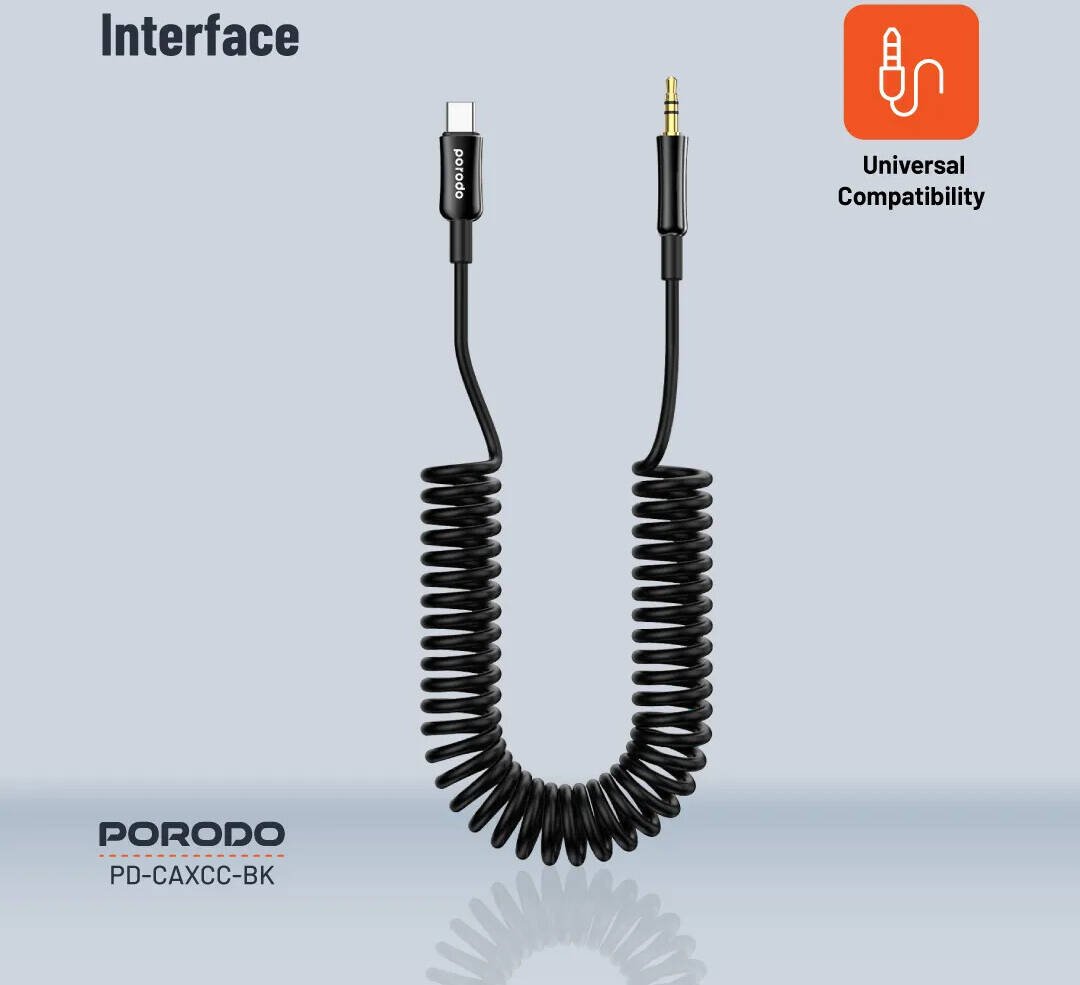 Porodo كابل AUX حلزوني USB-C إلى منفذ صوت مقاوم للتشابك