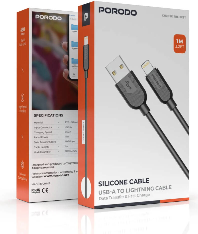Porodo كابل سيليكون USB-A إلى Lightning بقدرة 12W