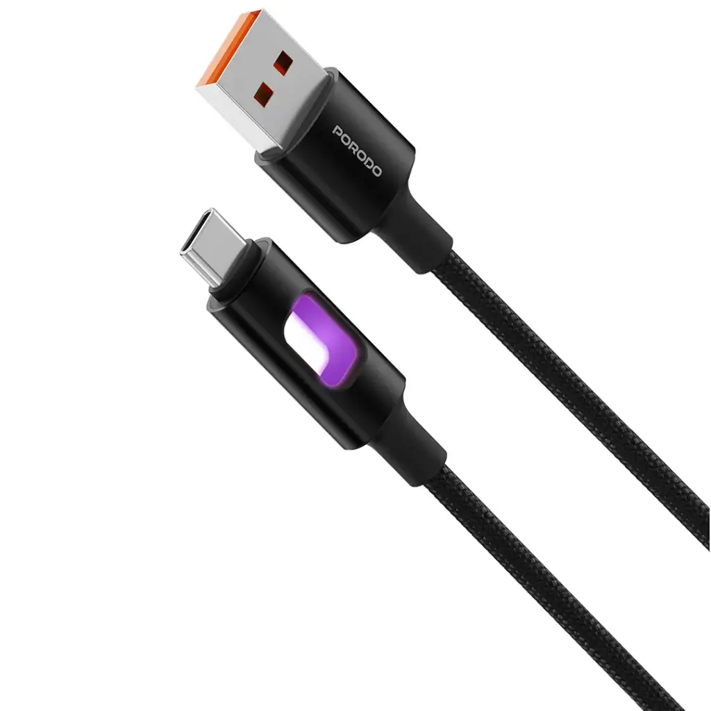 Porodo كابل USB-A إلى USB-C مضفّر بإضاءة LED للشحن ونقل البيانات