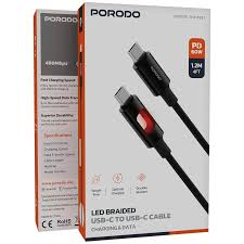Porodo كابل USB-C إلى USB-C مضفّر بإضاءة LED للشحن ونقل البيانات PD 60W