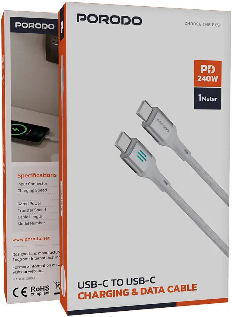 Porodo كابل شحن ونقل بيانات USB-C إلى USB-C PD 240W