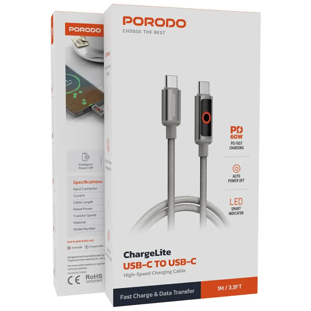 Porodo كابل ChargeLite USB-C إلى USB-C