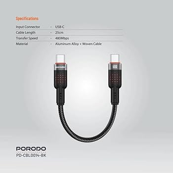 Porodo كابل مضفّر USB-C إلى USB-C