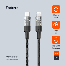 Porodo كابل USB-C مضفّر شفاف إلى Lightning بطول 1.2م