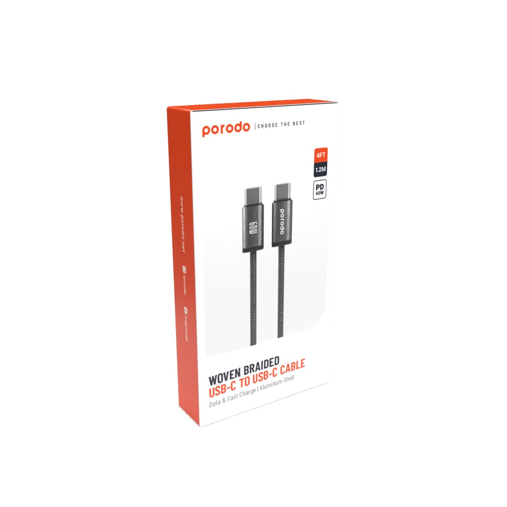 Porodo كابل USB-C إلى USB-C مضفّر بهيكل ألومنيوم بطول 1.2م