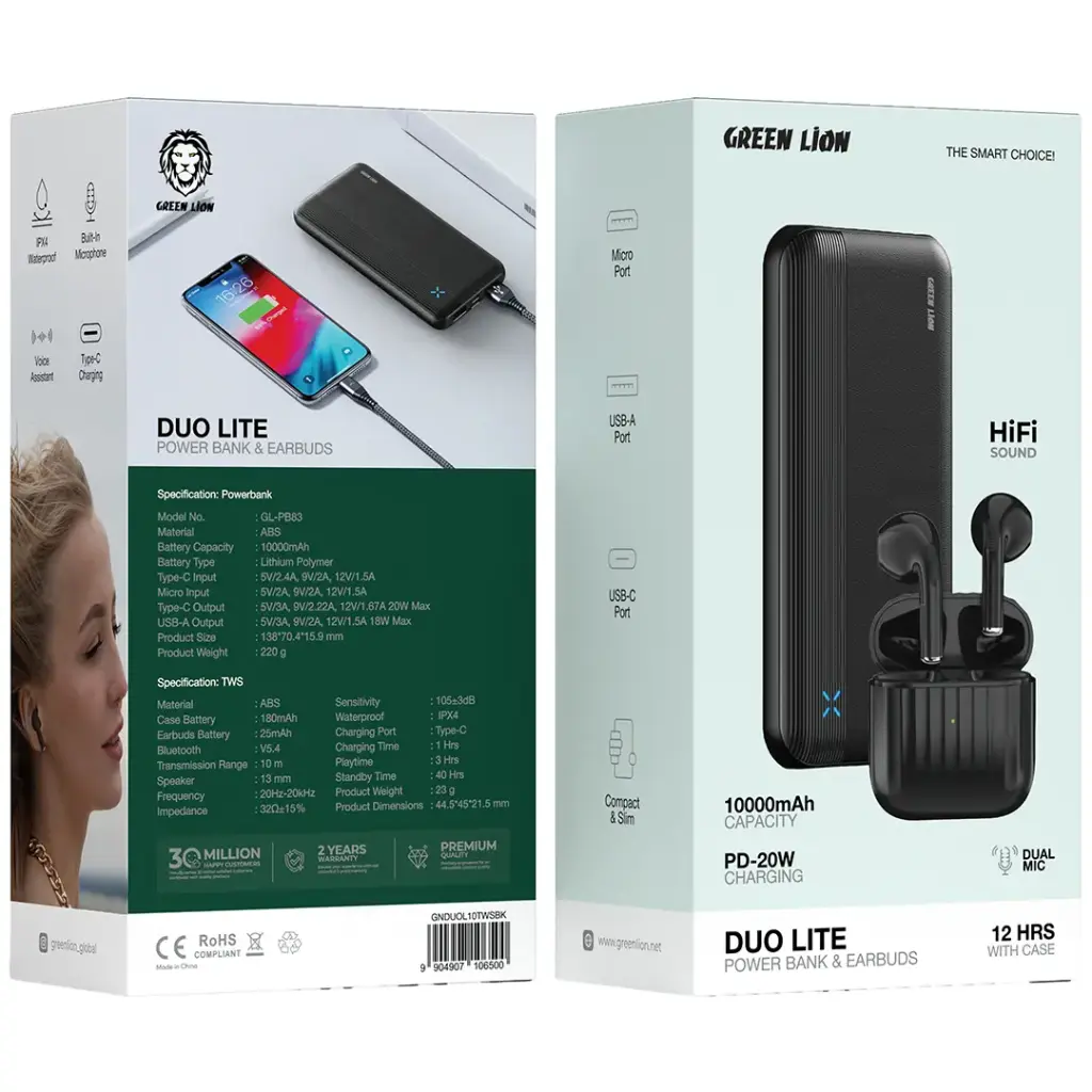 Green Lion Duo Lite Внешний аккумулятор и Earbud Combo Pack