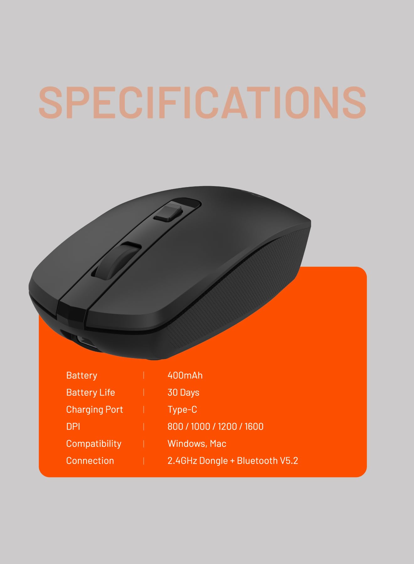 Porodo Wireless Mouse 1200 DPI Dual Mode